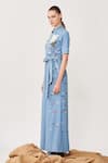 Shahin Mannan Blue Denim Typography Shirt Collar Embroidered Jumpsuit With Belt Online at Aza Fashions Shahin Mannan_Blue Denim Typography Shirt Collar Embroidered Jumpsuit With Belt _Online_at_Aza_Fashions