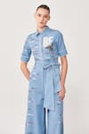 Buy Shahin Mannan Blue Denim Typography Shirt Collar Embroidered Jumpsuit With Belt Online at Aza Fashions Buy_Shahin Mannan_Blue Denim Typography Shirt Collar Embroidered Jumpsuit With Belt _Online_at_Aza_Fashions