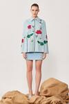 Buy_Shahin Mannan_Blue Thick Washed Denim Embroidered Lotus And Humming Cape & Skirt Set  _at_Aza_Fashions