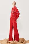 Shahin Mannan_Red Twill Denim Embroidered Hearts Dancing Downtown Jacket And Pant Set  _Online_at_Aza_Fashions