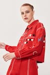 Shop_Shahin Mannan_Red Twill Denim Embroidered Hearts Dancing Downtown Jacket And Pant Set  _Online_at_Aza_Fashions