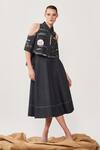 Buy_Shahin Mannan_Black Stretchable Denim Text Motifs Band Collar Cold Shoulder Shirt And Skirt Set_at_Aza_Fashions