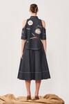 Shop_Shahin Mannan_Black Stretchable Denim Text Motifs Band Collar Cold Shoulder Shirt And Skirt Set_at_Aza_Fashions