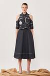 Shahin Mannan_Black Stretchable Denim Text Motifs Band Collar Cold Shoulder Shirt And Skirt Set_Online_at_Aza_Fashions