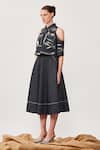 Buy_Shahin Mannan_Black Stretchable Denim Text Motifs Band Collar Cold Shoulder Shirt And Skirt Set_Online_at_Aza_Fashions