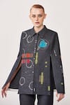 Shahin Mannan_Black Stretchable Denim Embroidered Text Band Collar Cape And Pant Set  _Online_at_Aza_Fashions