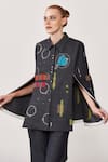 Buy_Shahin Mannan_Black Stretchable Denim Embroidered Text Band Collar Cape And Pant Set  _Online_at_Aza_Fashions