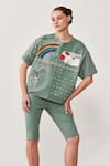Buy_Shahin Mannan_Green Jersey Postcard Motifs, Rainbow, Zebra Round Embroidered Oversize T-shirt_at_Aza_Fashions
