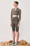 Shahin Mannan_Grey Denim Embroidered Thread Daisy Bee Cropped Jacket And Shorts Set  _Online_at_Aza_Fashions