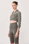 Shop_Shahin Mannan_Grey Denim Embroidered Thread Daisy Bee Cropped Jacket And Shorts Set  _Online_at_Aza_Fashions