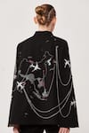 Shahin Mannan_Black Denim Map And Aeroplane Motifs Collared Neck Hand Embroidered Cape _at_Aza_Fashions