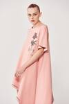 Buy_Shahin Mannan_Peach Jersey Typography Round Embroidered Asymmetric Dress_Online_at_Aza_Fashions