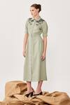 Buy_Shahin Mannan_Green Hopsack Embroidered Floral And Dragonfly Motifs Shoulder Dress  _at_Aza_Fashions
