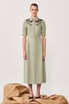 Shahin Mannan_Green Hopsack Embroidered Floral And Dragonfly Motifs Shoulder Dress  _Online_at_Aza_Fashions