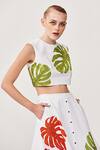 Buy_Shahin Mannan_White Soft Gaberdine Leaf Motif Round Monstera Embroidered Crop Top_at_Aza_Fashions