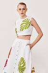Shop_Shahin Mannan_White Soft Gaberdine Leaf Motif Round Monstera Embroidered Crop Top_Online_at_Aza_Fashions