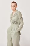 Shop_Shahin Mannan_Green Hopsack Clock, Spec Motifs Notched Collar Time Vision Embroidered Jumpsuit_Online_at_Aza_Fashions