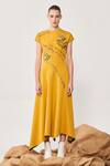 Buy_Shahin Mannan_Yellow Double Crepe Typography And Floral Motifs Round Panelled Handkerchief Dress_at_Aza_Fashions