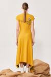 Shop_Shahin Mannan_Yellow Double Crepe Typography And Floral Motifs Round Panelled Handkerchief Dress_at_Aza_Fashions