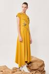 Shahin Mannan_Yellow Double Crepe Typography And Floral Motifs Round Panelled Handkerchief Dress_Online_at_Aza_Fashions