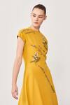Buy_Shahin Mannan_Yellow Double Crepe Typography And Floral Motifs Round Panelled Handkerchief Dress_Online_at_Aza_Fashions