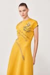 Shop_Shahin Mannan_Yellow Double Crepe Typography And Floral Motifs Round Panelled Handkerchief Dress_Online_at_Aza_Fashions