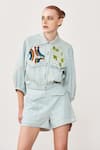 Shop_Shahin Mannan_Blue Thin Washed Denim Embroidered Flap Short Jacket And Set  _at_Aza_Fashions