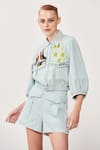 Buy_Shahin Mannan_Blue Thin Washed Denim Embroidered Flap Short Jacket And Set  _at_Aza_Fashions