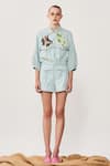 Shahin Mannan_Blue Thin Washed Denim Embroidered Flap Short Jacket And Set  _Online_at_Aza_Fashions