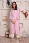 Buy_Surabhi Arya_Purple Linen Embroidery Lace And Stone V Neck Kurta & Palazzo Set _at_Aza_Fashions