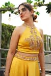 Shop Surabhi Arya Yellow Hammer Satin Halter Crop Top And Skirt Set Online at Aza Fashions Shop_Surabhi Arya_Yellow Hammer Satin Halter Crop Top And Skirt Set_Online_at_Aza_Fashions