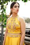 Surabhi Arya Yellow Hammer Satin Halter Crop Top And Skirt Set at Aza Fashions Surabhi Arya_Yellow Hammer Satin Halter Crop Top And Skirt Set_at_Aza_Fashions