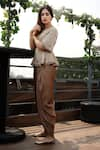 Surabhi Arya_Beige Hammer Satin Round Peplum Blouse And Dhoti Pant Set _Online_at_Aza_Fashions