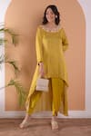 Buy_Surabhi Arya_Yellow Modal Satin Floral, Sequin And Beads Work Asymmetric Kurta & Tulip Pant Set_at_Aza_Fashions