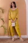 Buy_Surabhi Arya_Yellow Modal Satin Floral, Sequin And Beads Work Asymmetric Kurta & Tulip Pant Set_Online_at_Aza_Fashions