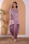 Buy_Surabhi Arya_Purple Modal Satin Floral, Sequin And Beads Work Asymmetric Kurta & Tulip Pant Set_at_Aza_Fashions