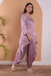 Buy_Surabhi Arya_Purple Modal Satin Floral, Sequin And Beads Work Asymmetric Kurta & Tulip Pant Set_Online_at_Aza_Fashions