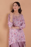 Surabhi Arya_Purple Modal Satin Floral, Sequin And Beads Work Asymmetric Kurta & Tulip Pant Set_at_Aza_Fashions