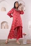 Buy_Surabhi Arya_Red Modal Satin Floral, Sequin And Beads Work Asymmetric Kurta & Tulip Pant Set_at_Aza_Fashions