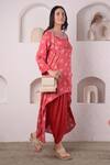 Surabhi Arya_Red Modal Satin Floral, Sequin And Beads Work Asymmetric Kurta & Tulip Pant Set_Online_at_Aza_Fashions