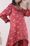 Surabhi Arya_Red Modal Satin Floral, Sequin And Beads Work Asymmetric Kurta & Tulip Pant Set_at_Aza_Fashions