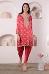 Buy_Surabhi Arya_Red Modal Satin Floral, Sequin And Beads Work Printed Kurta & Tulip Pant Set_at_Aza_Fashions