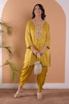 Buy_Surabhi Arya_Yellow Modal Satin Floral, Sequin And Beads Work Printed Kurta & Dhoti Pant Set_at_Aza_Fashions