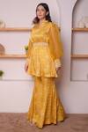 Surabhi Arya_Yellow Modal Satin Floral, Sequin And Beads Work Printed Tunic & Bell Bottoms Set_Online_at_Aza_Fashions