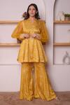 Buy_Surabhi Arya_Yellow Modal Satin Floral, Sequin And Beads Work Printed Tunic & Bell Bottoms Set_Online_at_Aza_Fashions