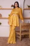 Shop_Surabhi Arya_Yellow Modal Satin Floral, Sequin And Beads Work Printed Tunic & Bell Bottoms Set_Online_at_Aza_Fashions