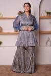 Surabhi Arya_Blue Modal Satin Geometric, Sequin And Beads Work Printed Tunic & Bell Bottoms Set_Online_at_Aza_Fashions