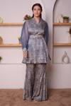 Buy_Surabhi Arya_Blue Modal Satin Geometric, Sequin And Beads Work Printed Tunic & Bell Bottoms Set_Online_at_Aza_Fashions