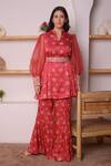 Buy_Surabhi Arya_Red Modal Satin Floral, Sequin And Beads Work V Printed Tunic & Bell Bottoms Set_Online_at_Aza_Fashions