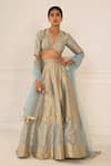 Buy_Studio Iris India_Blue Silk V Neck Banarasi Lehenga Set _at_Aza_Fashions